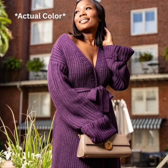 HANIFA MIYA KNIT CARDIGAN DRESS IN EGGPLANT /PLUM - Picture 7 of 11